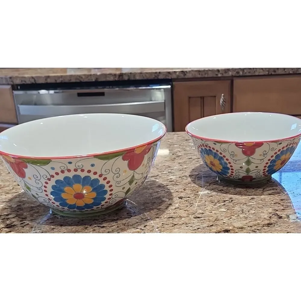 Pier 1 Floral Ceramic Bowls with Red and Blue Accents (Set Of 2)